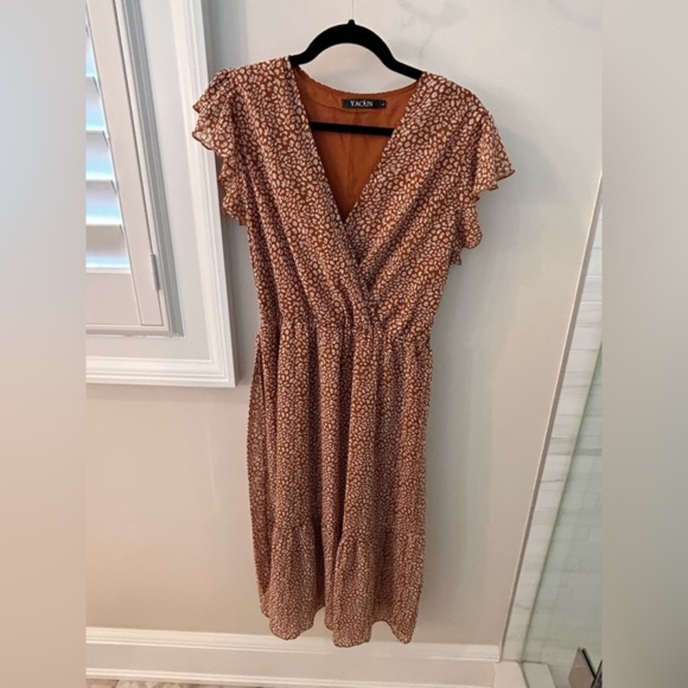 Brown belted midi wrap dress